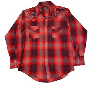 Plains Western Wear Pearl Snap Shirt Medium Mens Burgundy Plaid Cowboy M
